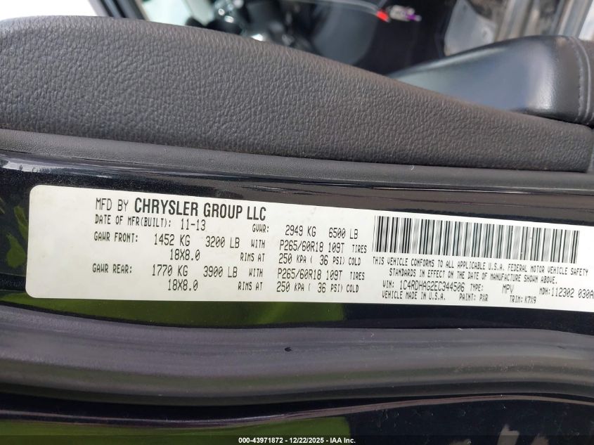 2014 Dodge Durango Sxt VIN: 1C4RDHAG2EC344506 Lot: 43971872