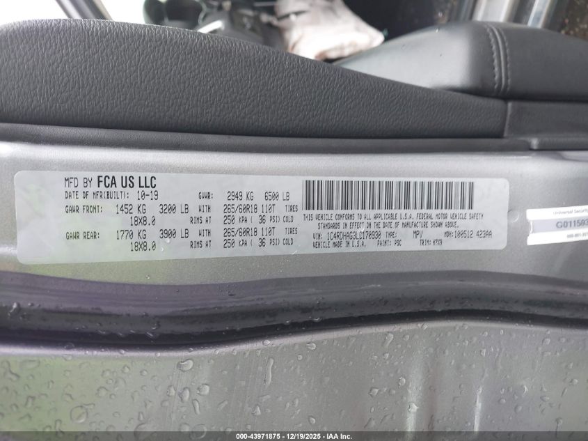 2020 Dodge Durango Sxt Rwd VIN: 1C4RDHAG3LC170930 Lot: 43971875