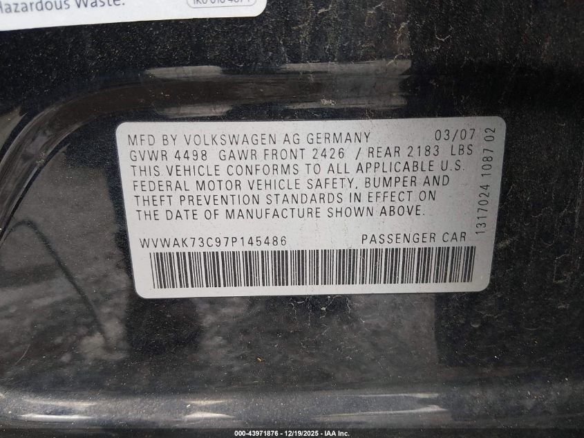 2007 Volkswagen Passat Wolfsburg Edition VIN: WVWAK73C97P145486 Lot: 43971876