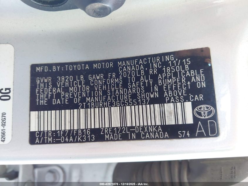 2016 Toyota Corolla Le VIN: 2T1BURHE3GC555137 Lot: 43971878