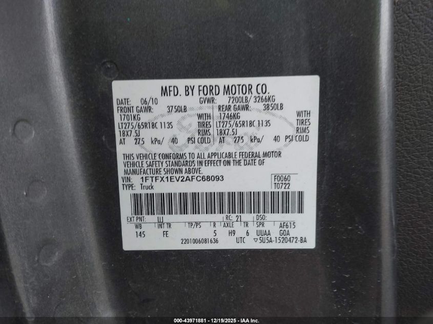 2010 Ford F-150 Fx4/Lariat/Xl/Xlt VIN: 1FTFX1EV2AFC68093 Lot: 43971881