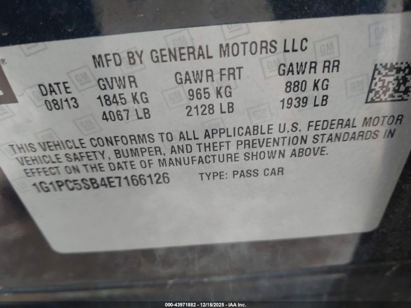 2014 Chevrolet Cruze 1Lt Auto VIN: 1G1PC5SB4E7166126 Lot: 43971882