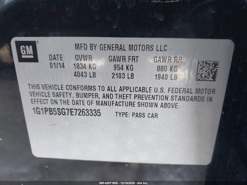 2014 Chevrolet Cruze Ls Manual VIN: 1G1PB5SG7E7263335 Lot: 43971885