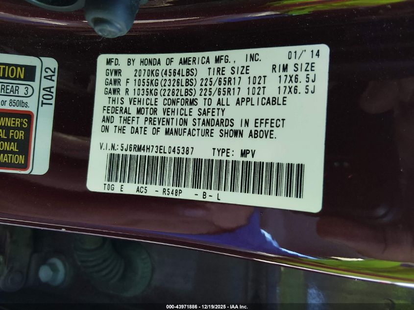 2014 Honda Cr-V Ex-L VIN: 5J6RM4H73EL045387 Lot: 43971886