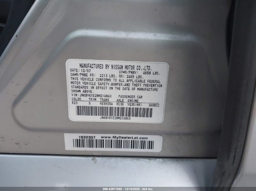 2008 Infiniti G35 Journey VIN: JNKBV61E28M214840 Lot: 43971888