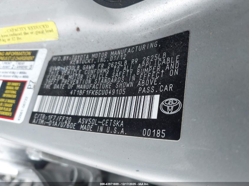2012 Toyota Camry Se VIN: 4T1BF1FK6CU049105 Lot: 43971889