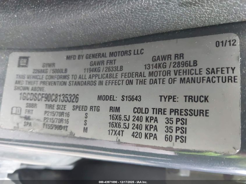 2012 Chevrolet Colorado 1Lt VIN: 1GCDSCF90C8135326 Lot: 43971890