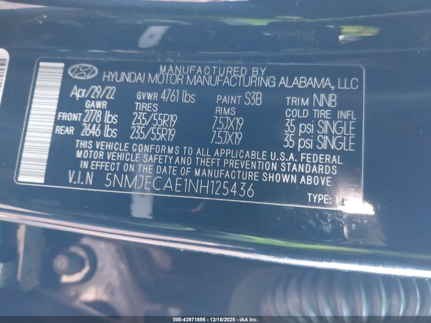 2022 Hyundai Tucson Limited VIN: 5NMJECAE1NH125436 Lot: 43971895