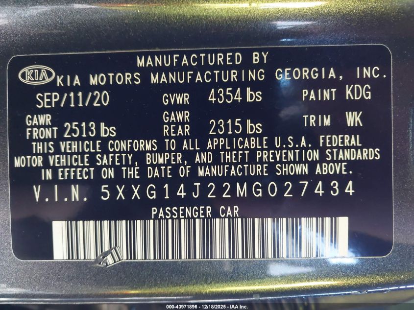 2021 Kia K5 Lxs VIN: 5XXG14J22MG027434 Lot: 43971896