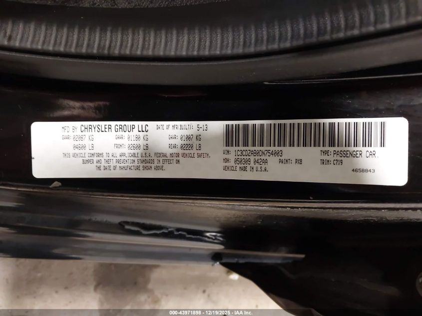 2013 Dodge Avenger Se VIN: 1C3CDZAB0DN754003 Lot: 43971898