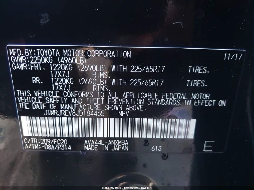 2018 Toyota Rav4 Hybrid Xle VIN: JTMRJREV8JD184465 Lot: 43971900