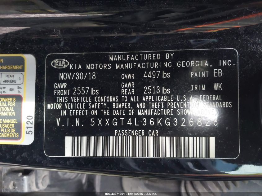 2019 Kia Optima Lx VIN: 5XXGT4L36KG326826 Lot: 43971901