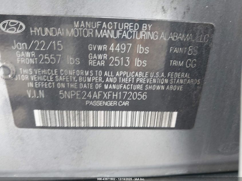 2015 Hyundai Sonata Se VIN: 5NPE24AFXFH172056 Lot: 43971902