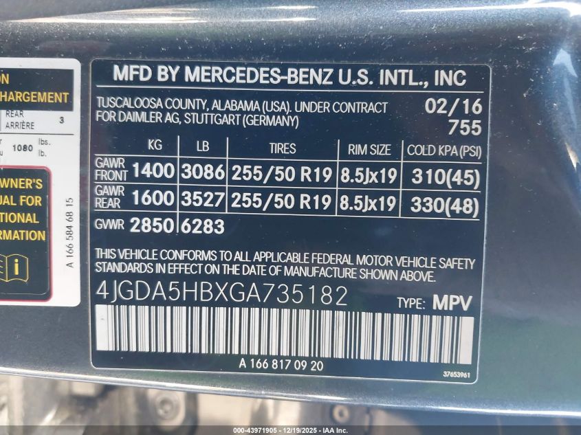 2016 Mercedes-Benz Gle 350 4Matic VIN: 4JGDA5HBXGA735182 Lot: 43971905