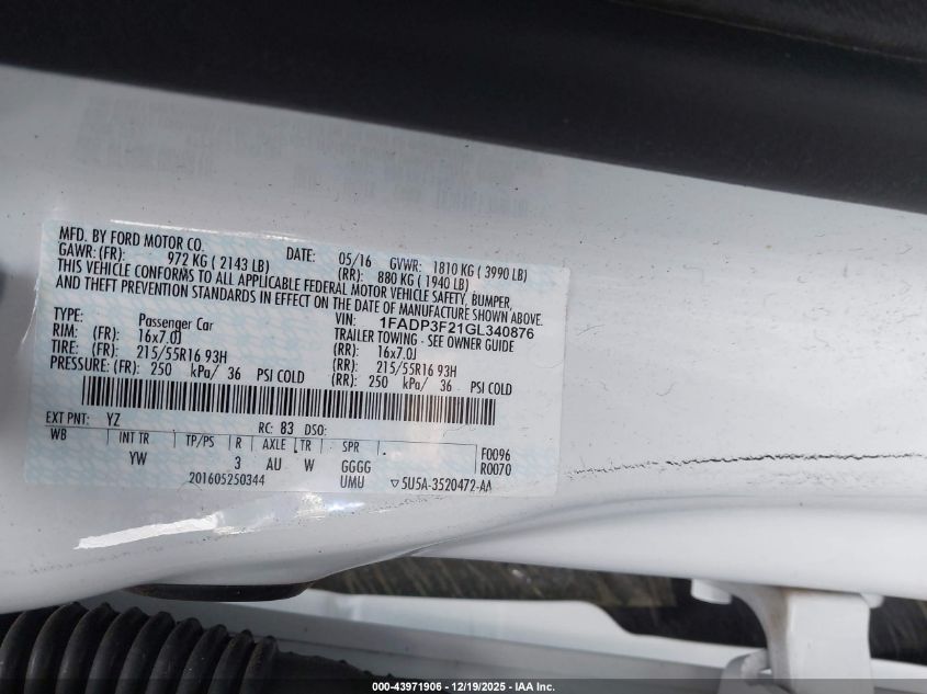 2016 Ford Focus Se VIN: 1FADP3F21GL340876 Lot: 43971906