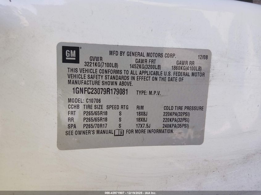 2009 Chevrolet Tahoe Lt2 VIN: 1GNFC23079R179081 Lot: 43971907