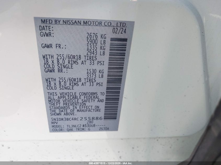 2024 Nissan Pathfinder Sv 4Wd VIN: 5N1DR3BC4RC255886 Lot: 43971915