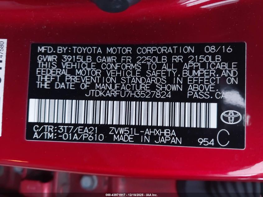 2017 Toyota Prius Four Touring VIN: JTDKARFU7H3527824 Lot: 43971917