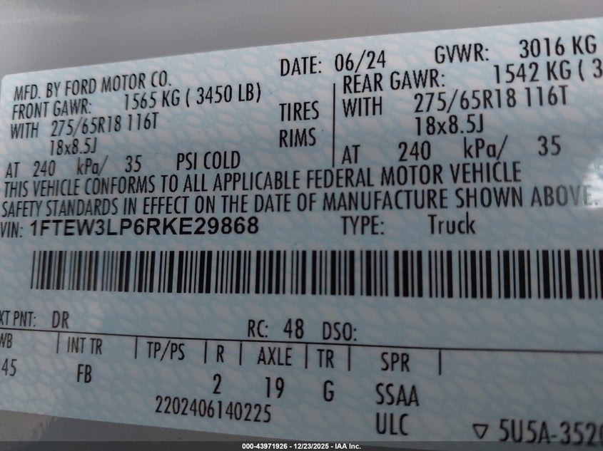 VIN 1FTEW3LP6RKE29868 2024 FORD F-150 XLT