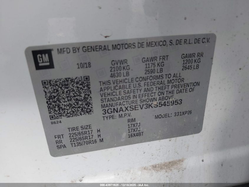 2019 Chevrolet Equinox Ls VIN: 3GNAXSEV3KS545953 Lot: 43971925