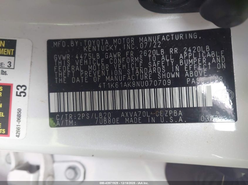 2022 Toyota Camry Xse VIN: 4T1K61AK8NU070709 Lot: 43971929