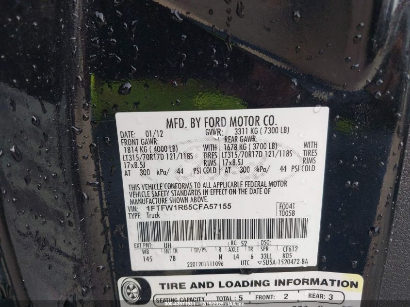 2012 Ford F-150 Svt Raptor VIN: 1FTFW1R65CFA57155 Lot: 43971931