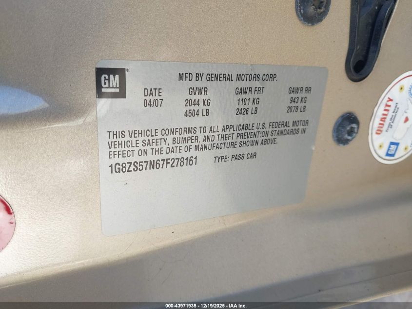 2007 Saturn Aura Xe VIN: 1G8ZS57N67F278161 Lot: 43971935