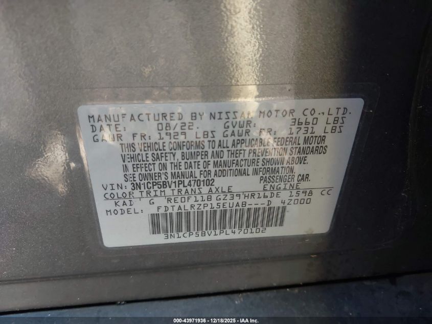 2023 Nissan Kicks S Xtronic Cvt VIN: 3N1CP5BV1PL470102 Lot: 43971936