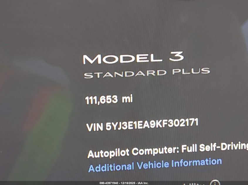 2019 Tesla Model 3 Long Range/Mid Range/Standard Range/Standard Range Plus VIN: 5YJ3E1EA9KF302171 Lot: 43971940