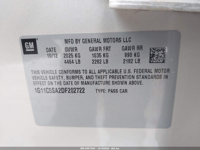 2013 Chevrolet Malibu 1Lt VIN: 1G11C5SA2DF202722 Lot: 43971943