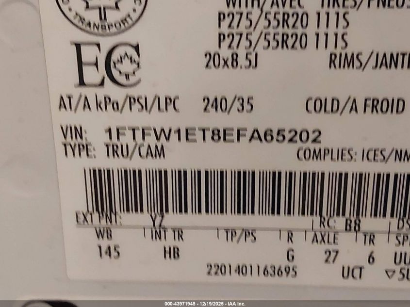 2014 Ford F-150 Lariat VIN: 1FTFW1ET8EFA65202 Lot: 43971945