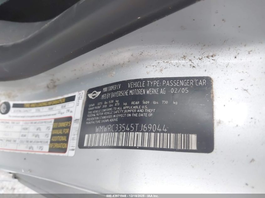 2005 Mini Cooper VIN: WMWRC33545TJ69044 Lot: 43971946
