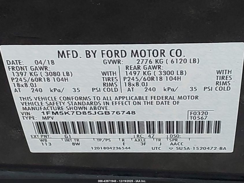 2018 Ford Explorer Xlt VIN: 1FM5K7D85JGB76748 Lot: 43971948