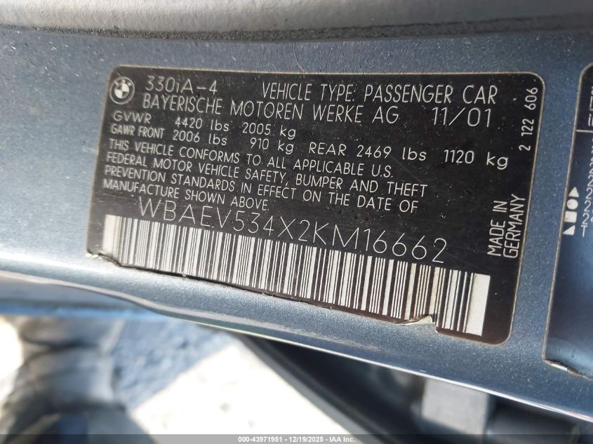 2002 BMW 330I VIN: WBAEV534X2KM16662 Lot: 43971951
