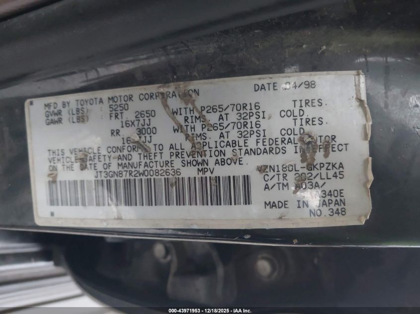 1998 Toyota 4Runner Sr5 V6 Limited VIN: JT3GN87R2W0082636 Lot: 43971953