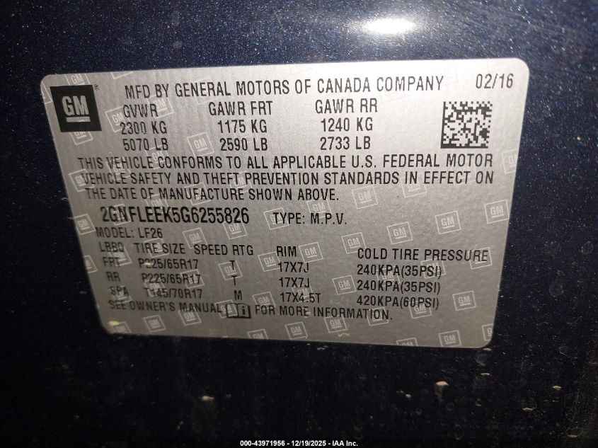 2016 Chevrolet Equinox Ls VIN: 2GNFLEEK5G6255826 Lot: 43971956