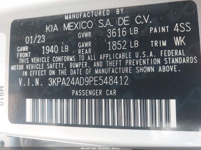 2023 Kia Rio S VIN: 3KPA24AD9PE548412 Lot: 43971958