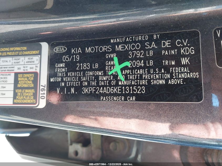 2019 Kia Forte Lxs VIN: 3KPF24AD6KE131523 Lot: 43971964