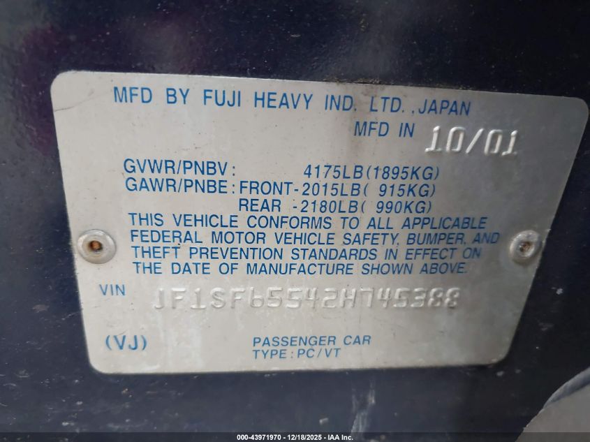 2002 Subaru Forester S VIN: JF1SF65542H745388 Lot: 43971970