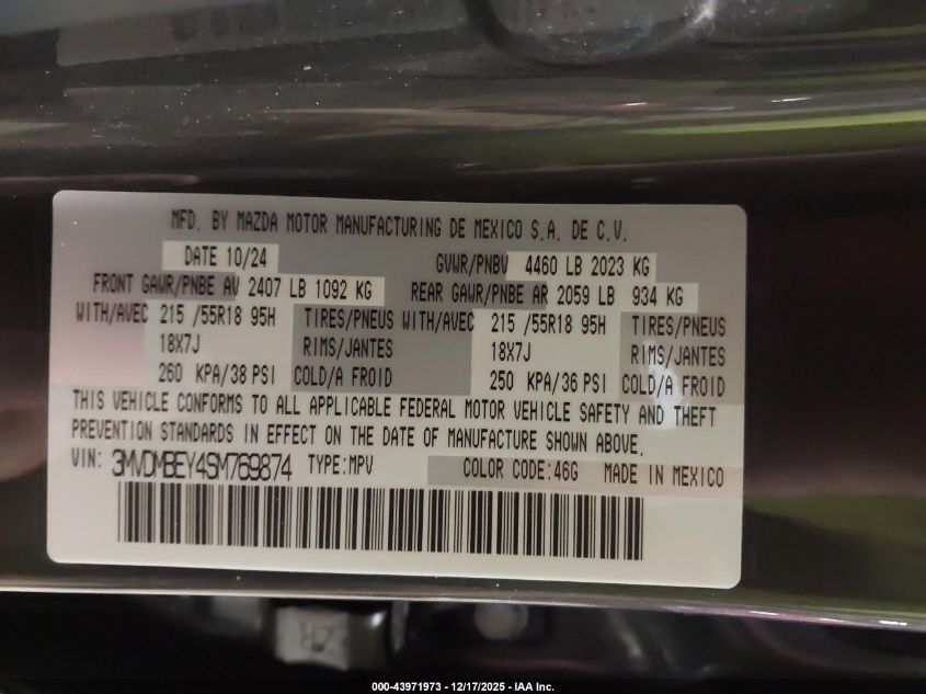 2025 Mazda Cx-30 2.5 Turbo Premium Plus Package VIN: 3MVDMBEY4SM769874 Lot: 43971973