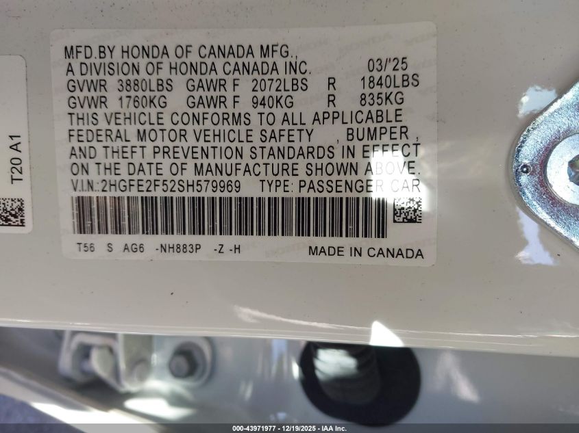 2025 Honda Civic Sport VIN: 2HGFE2F52SH579969 Lot: 43971977