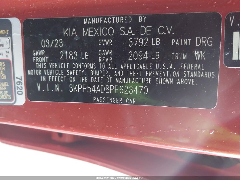 2023 Kia Forte Gt-Line VIN: 3KPF54AD8PE623470 Lot: 43971982