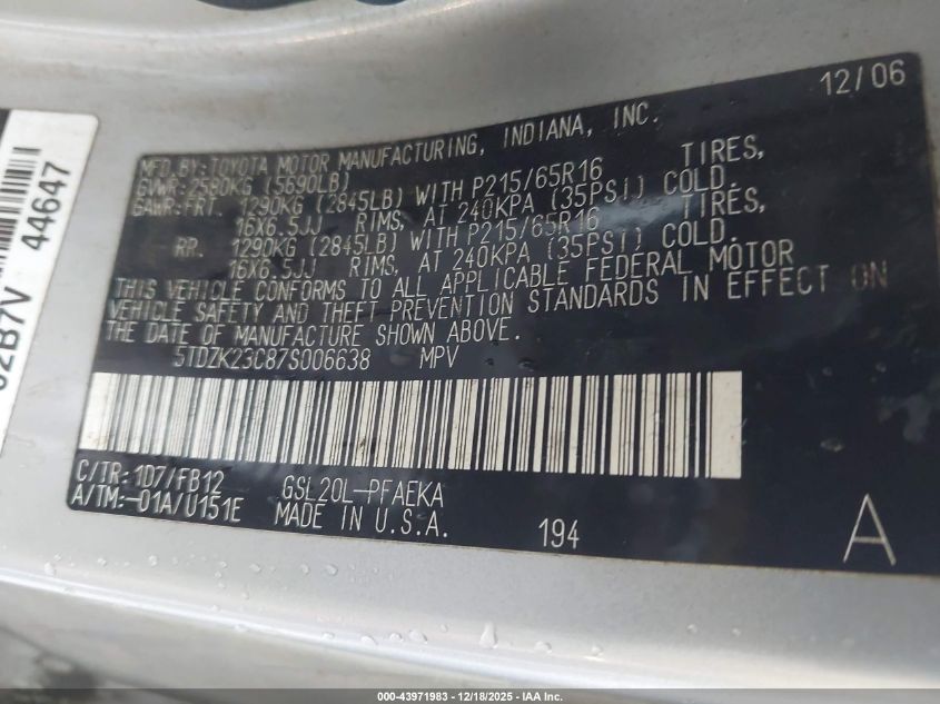 2007 Toyota Sienna Le VIN: 5TDZK23C87S006638 Lot: 43971983