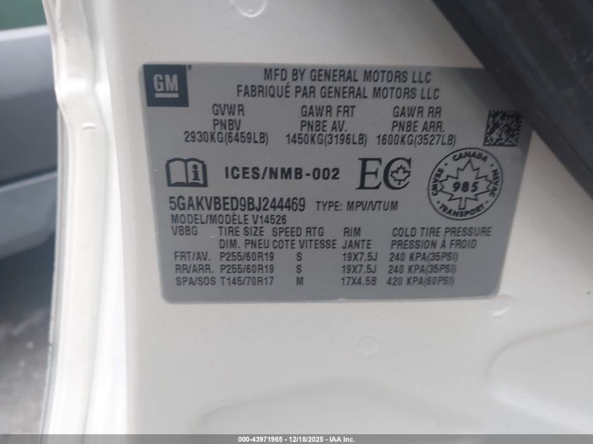 2011 Buick Enclave 1Xl VIN: 5GAKVBED9BJ244469 Lot: 43971985