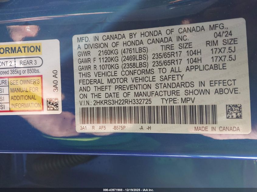 2024 Honda Cr-V VIN: 1HKRS3H22RH332725 Lot: 43971988