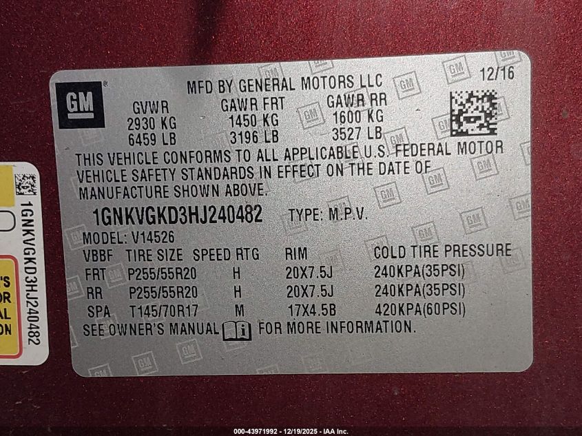 2017 Chevrolet Traverse 1Lt VIN: 1GNKVGKD3HJ240482 Lot: 43971992