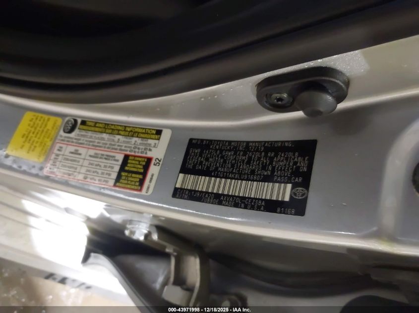 2020 Toyota Camry Se VIN: 4T1G11AK8LU916807 Lot: 43971998