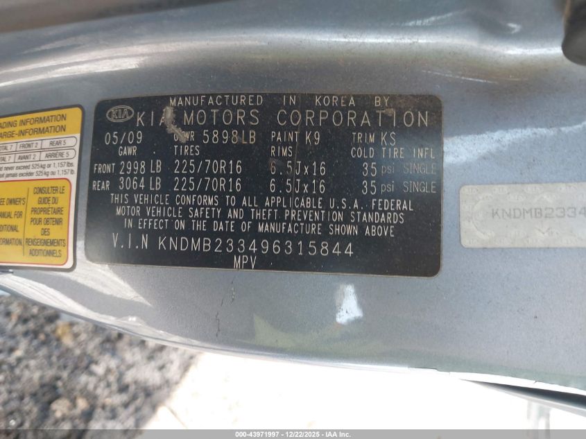 2009 Kia Sedona Lx VIN: KNDMB233496315844 Lot: 43971997