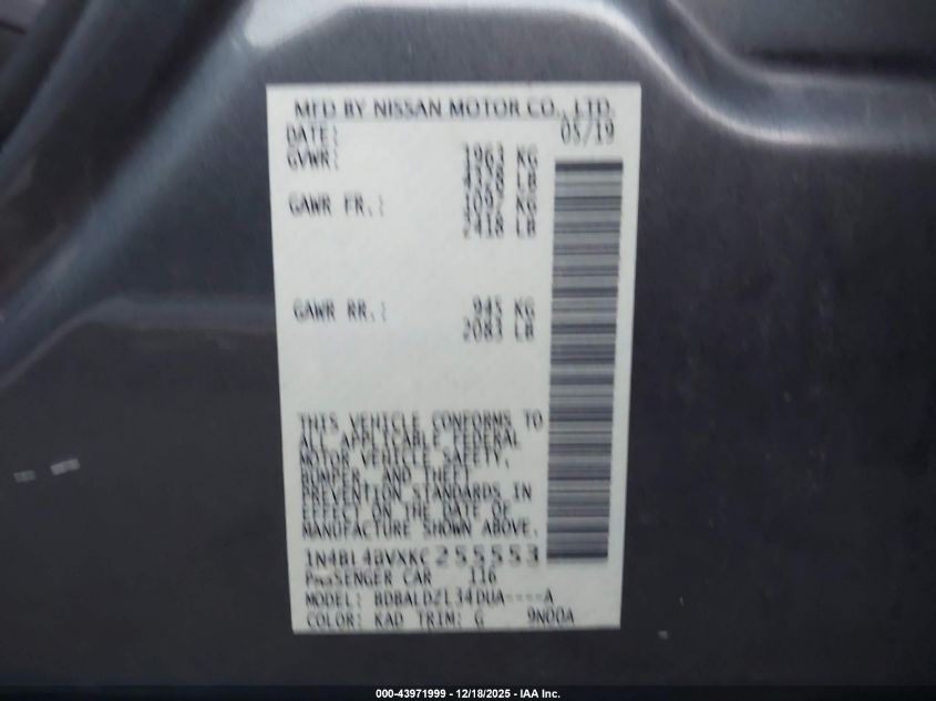 2019 Nissan Altima 2.5 S VIN: 1N4BL4BVXKC255553 Lot: 43971999