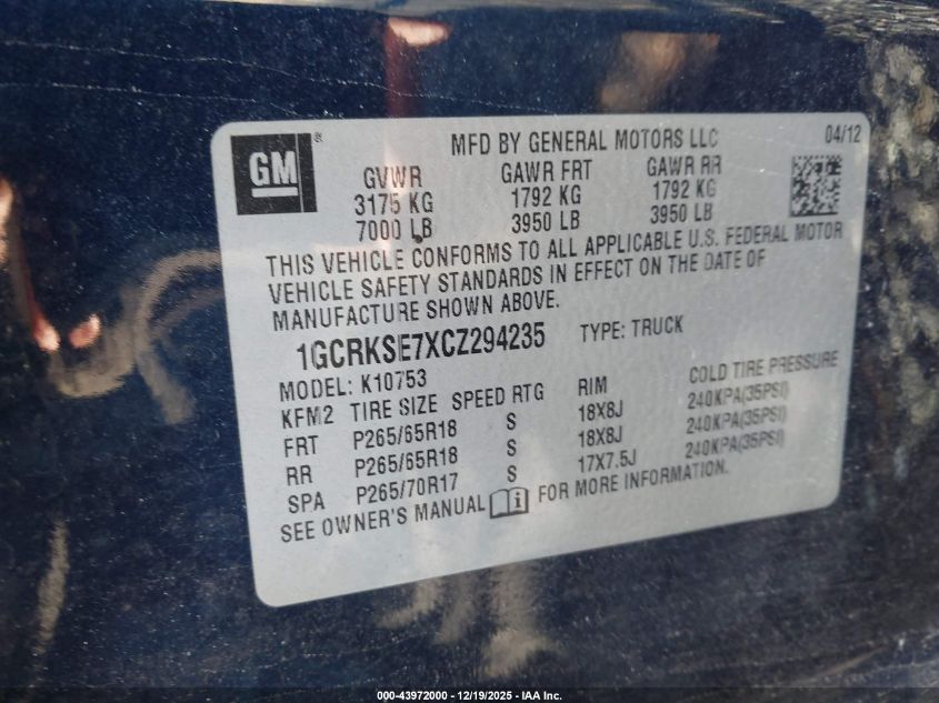 2012 Chevrolet Silverado 1500 Lt VIN: 1GCRKSE7XCZ294235 Lot: 43972000